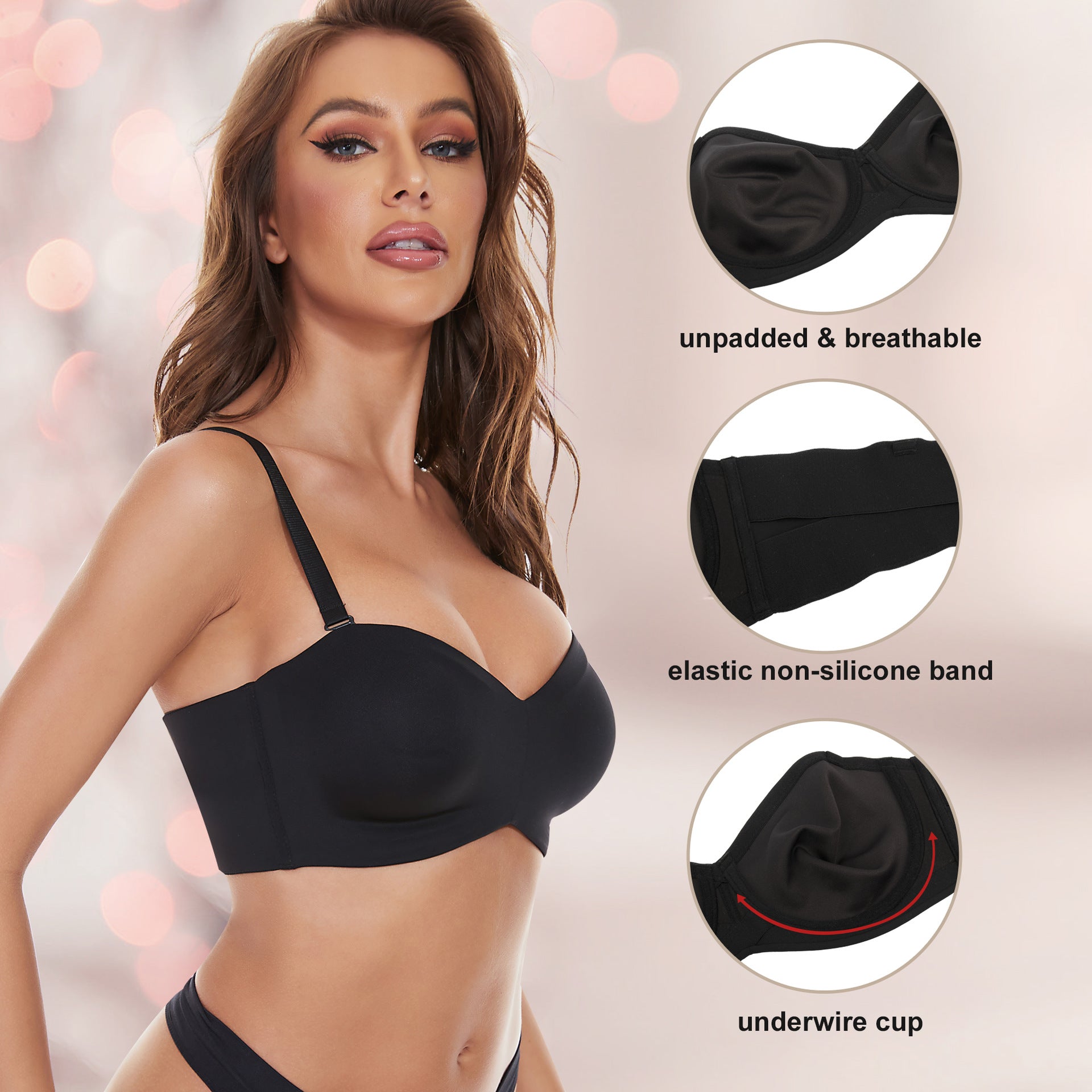 Full Support Non-Slip Convertible Bandeau Bra Strapless Push Up